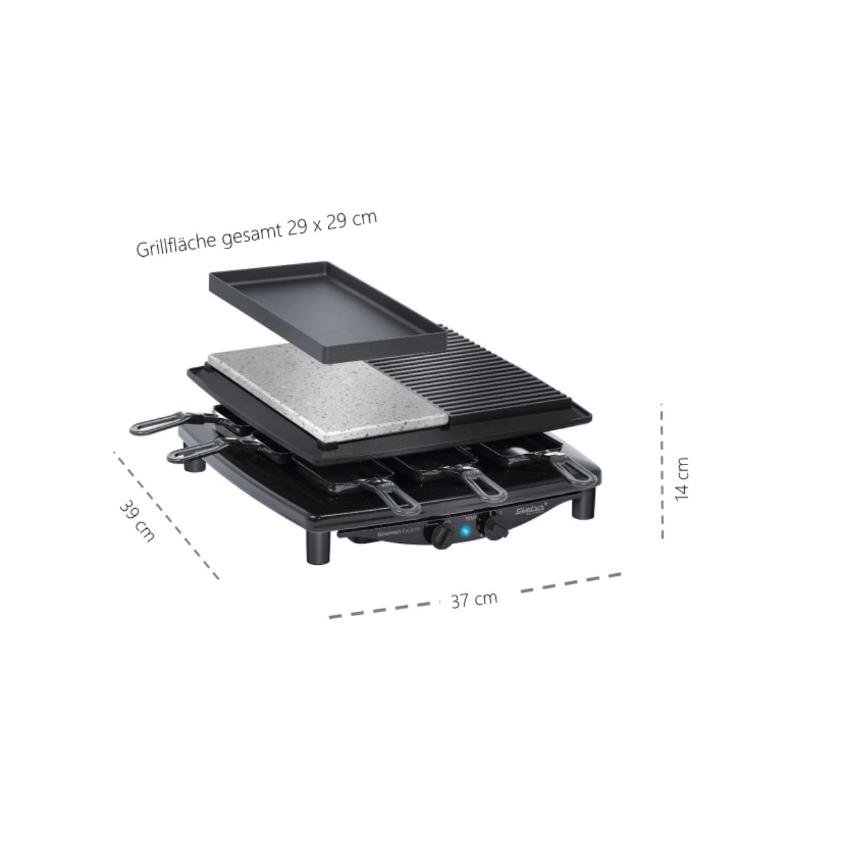 Ein Raclette-Grill mit Grill-, Stein- und Grillflächen, Abmessungen angegeben.