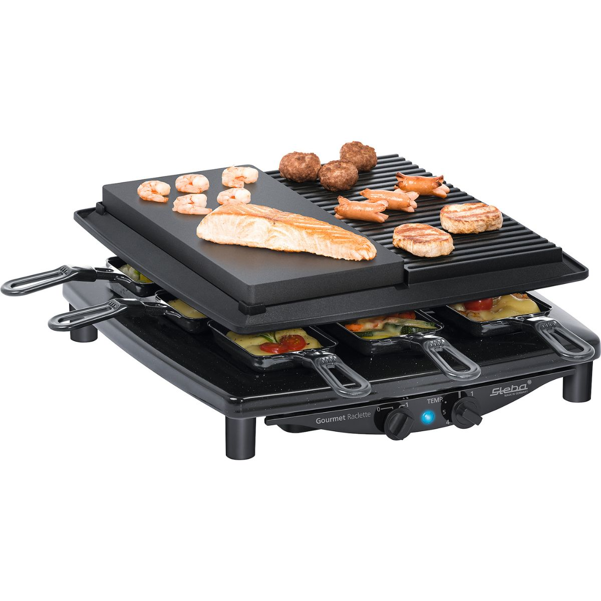 Raclette-Grill mit verschiedenen Lebensmitteln oben und Pfännchen unten.