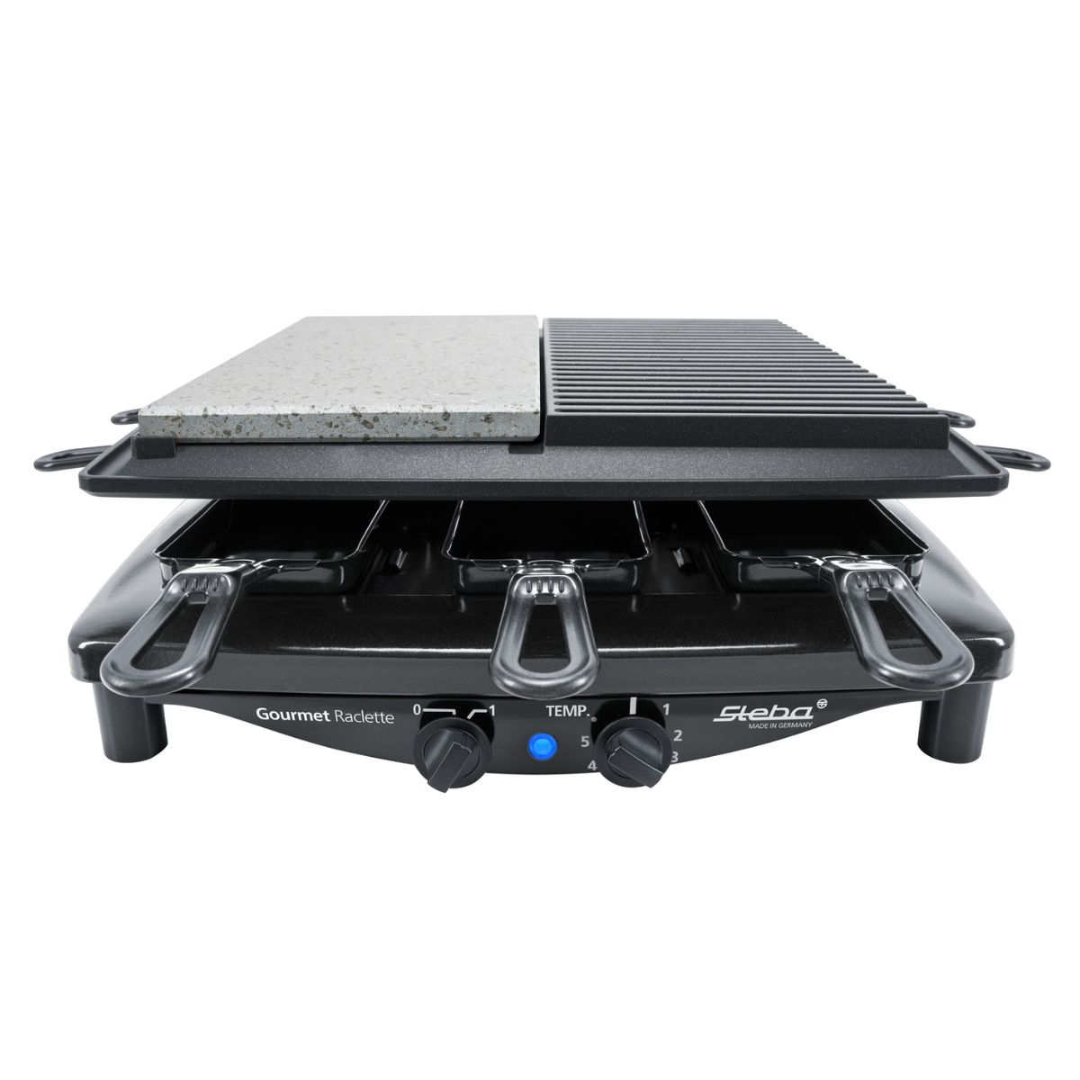 Schwarzer Gourmet Raclette-Grill mit Stein- und Grillfläche, Knöpfen und Griffen.