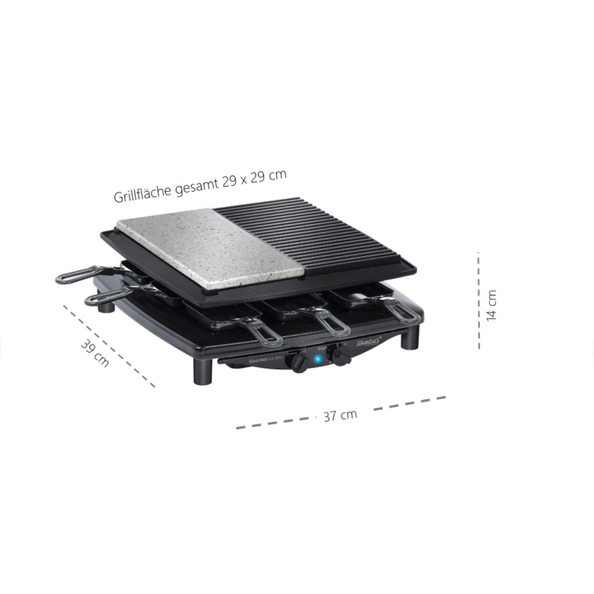 Raclette-Grill mit Abmessungen, schwarz und silber, weißer Hintergrund.