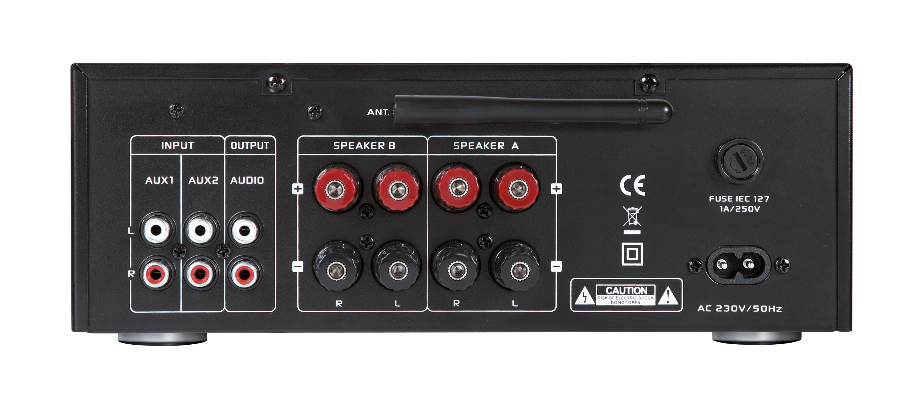 Die Rückseite eines schwarzen Audio-Receivers mit Ein- und Ausgangsanschlüssen. Weißer Hintergrund.