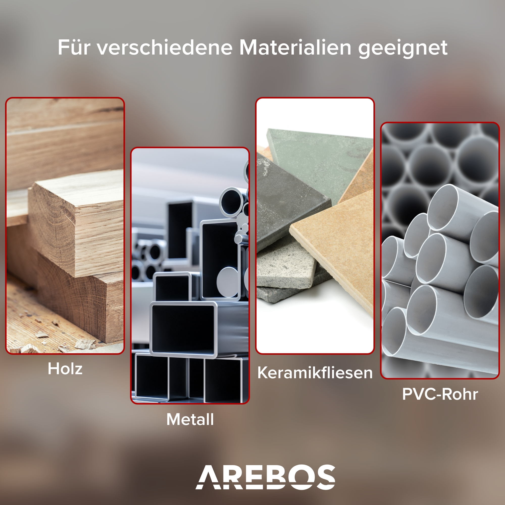 Bilder von Holz, Metall, Keramikfliesen und PVC-Rohren, jeweils in einer rot umrandeten Box. Weißer Hintergrund.