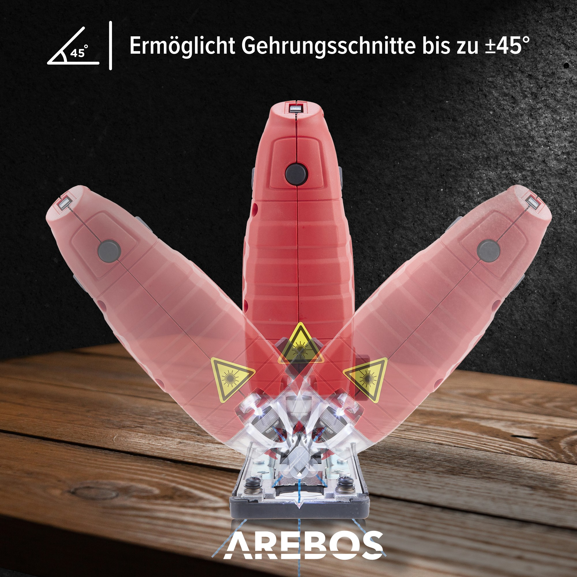 Rote Säge und drei Schattenbilder auf Holz. Text auf Deutsch oben.