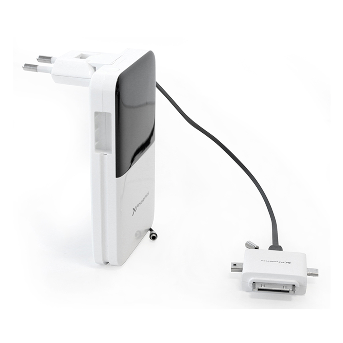 Cargador blanco con cable de carga negro y conector.