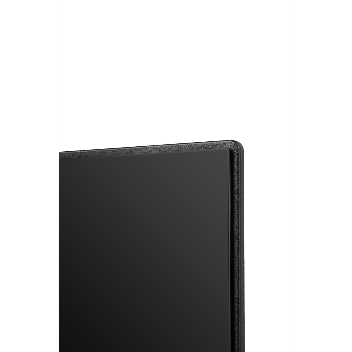 Narożnik czarnego ekranu telewizora z cienką czarną ramką, na czarnym tle.