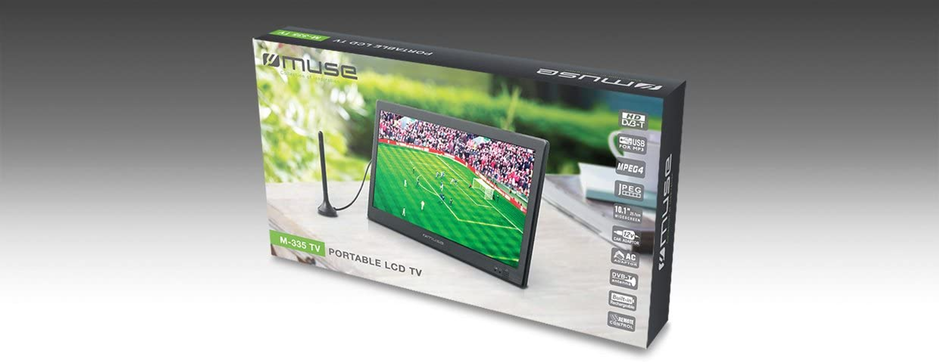 TV LCD portatile in scatola con antenna, che mostra una partita di calcio sullo schermo.