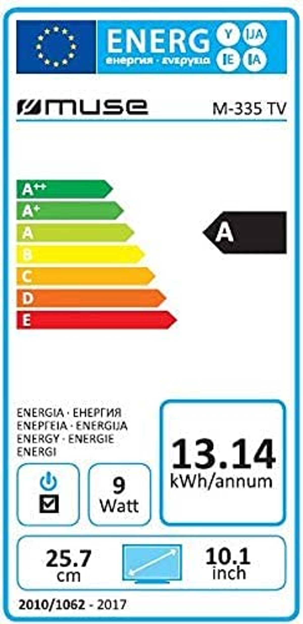 Etichetta energetica per monitor Muse, classe A, con dati tecnici.