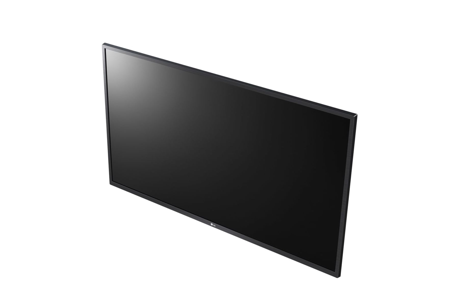 Schwarzer, rechteckiger Fernseher, schräge Ansicht, isoliert auf weißem Hintergrund. Der Bildschirm ist dunkel.