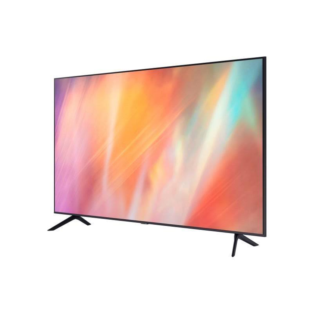 Ein Fernseher auf weißem Hintergrund, der eine farbenfrohe, abstrakte Anzeige zeigt. Der Fernseher ist schräg positioniert.