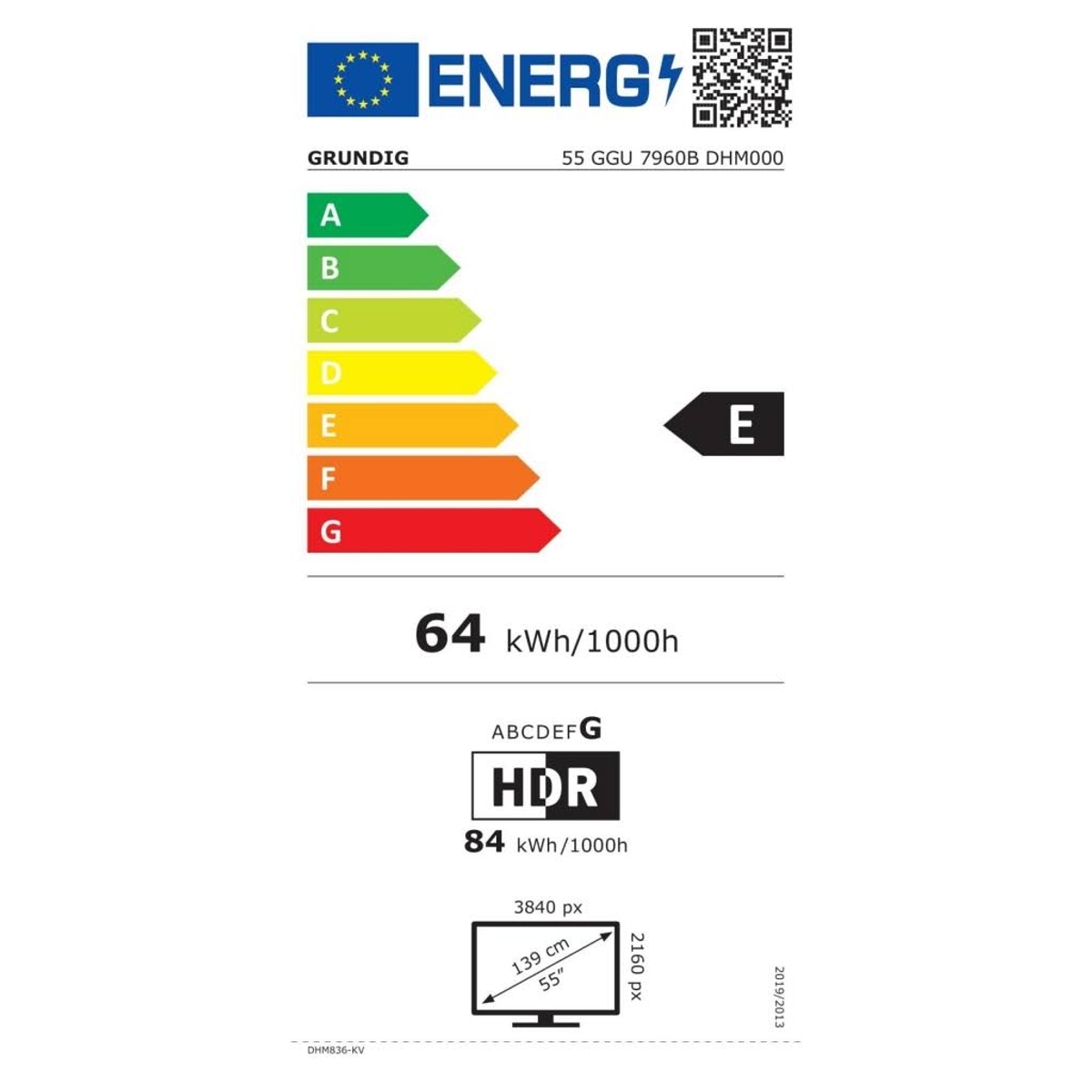Etiqueta energética para un televisor Grundig que muestra clasificación y consumo energético.