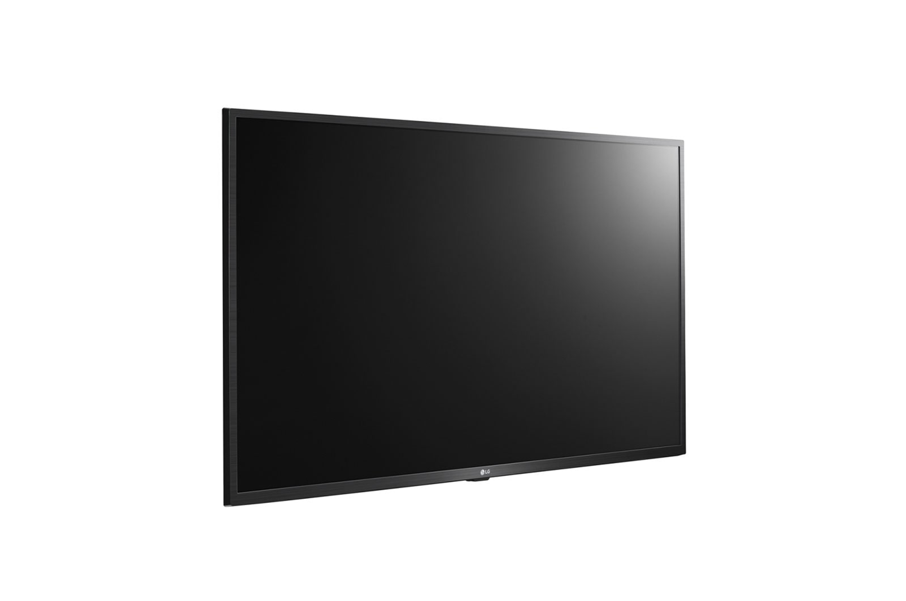 Una pantalla de TV LG, mostrando una pantalla negra, con un soporte simple y un fondo blanco.