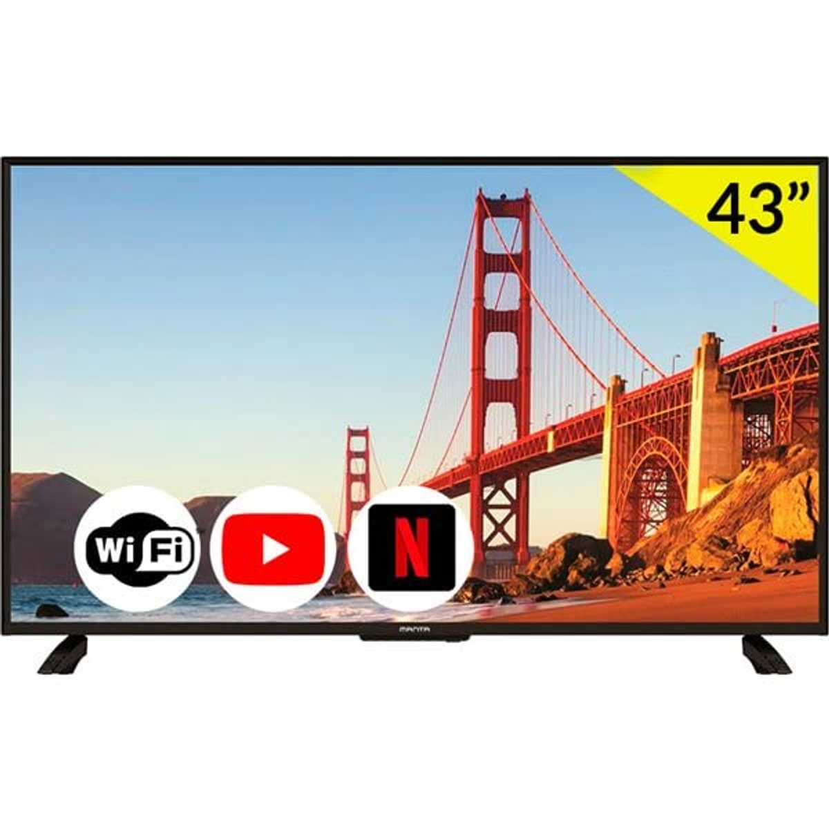 TV con el Golden Gate Bridge en pantalla e iconos de redes sociales. Pantalla de 43 pulgadas.
