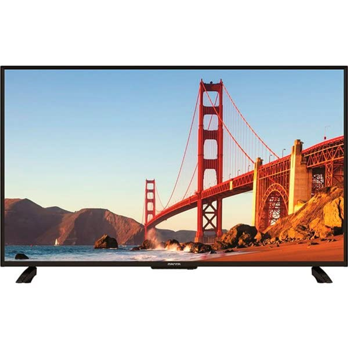 Un televisor muestra la escena del Golden Gate. El televisor tiene un marco negro con base negra.