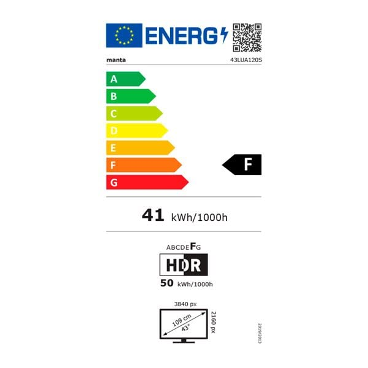 Etiqueta energética de un televisor que muestra información de eficiencia energética, con una calificación F. Incluye HDR y tamaño.
