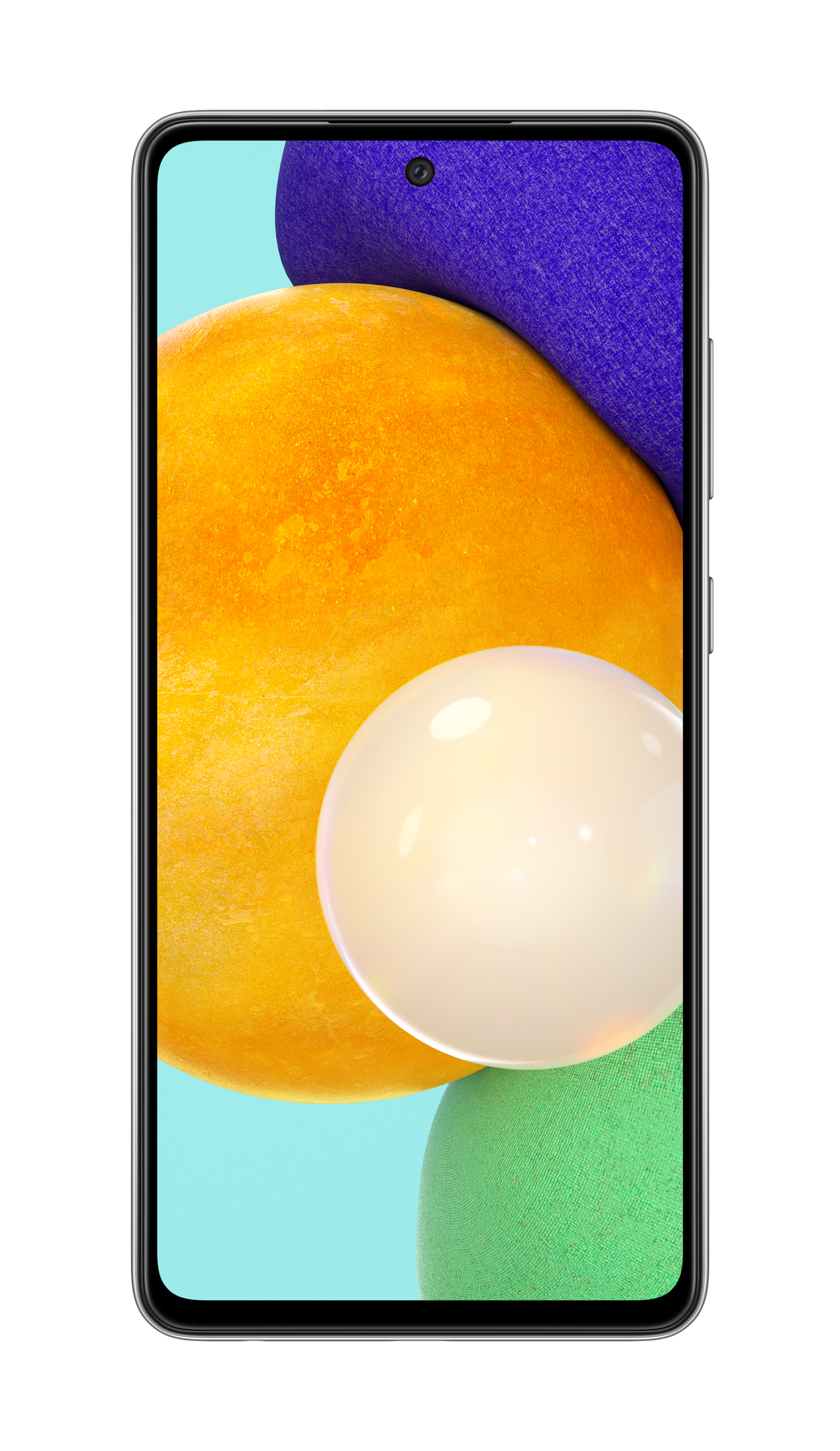 Ein Smartphone mit einem farbenfrohen Bildschirm, orange, gelbe und blaue Formen.