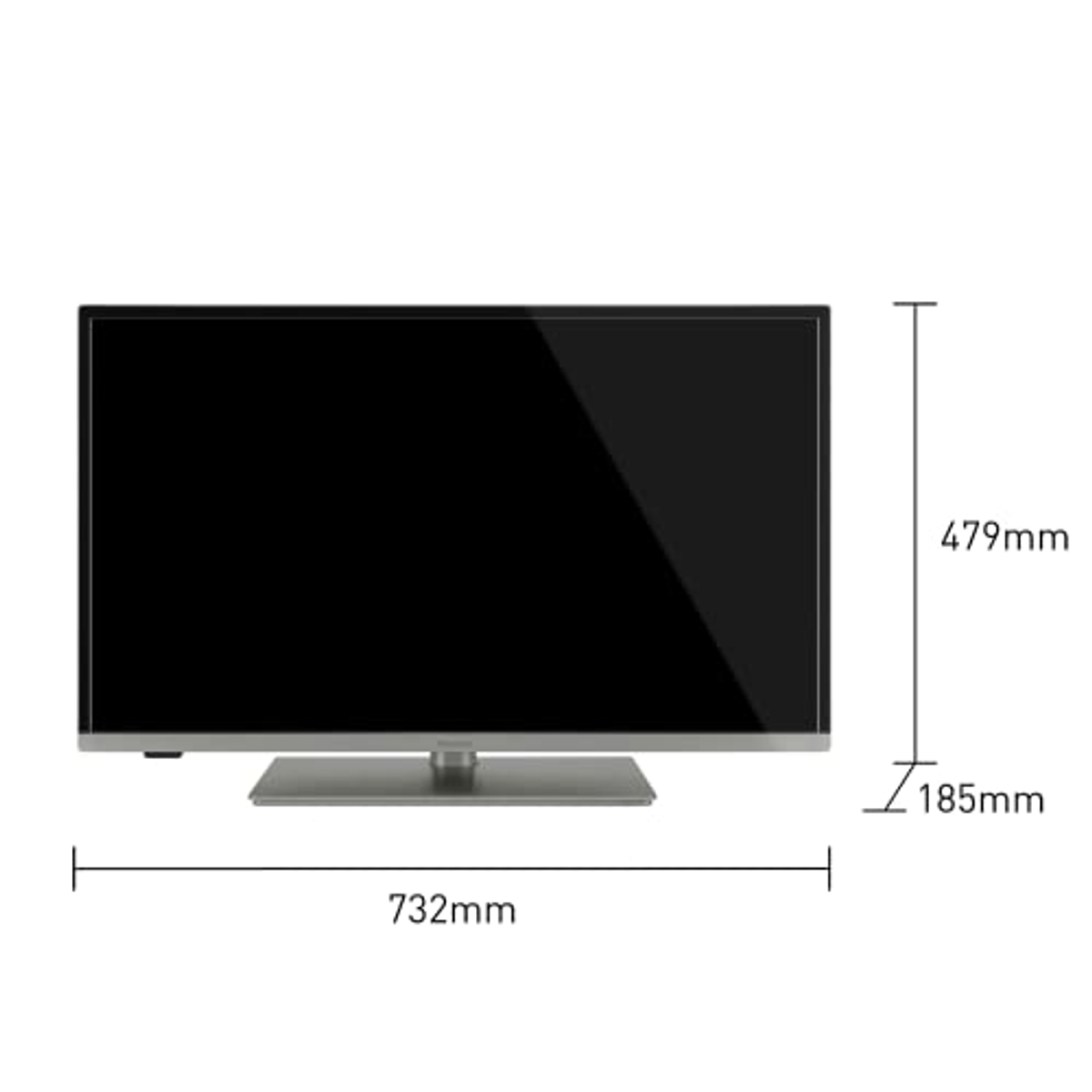 Una TV con schermo nero, cornice argentata e supporto centrale, dimensioni visualizzate.