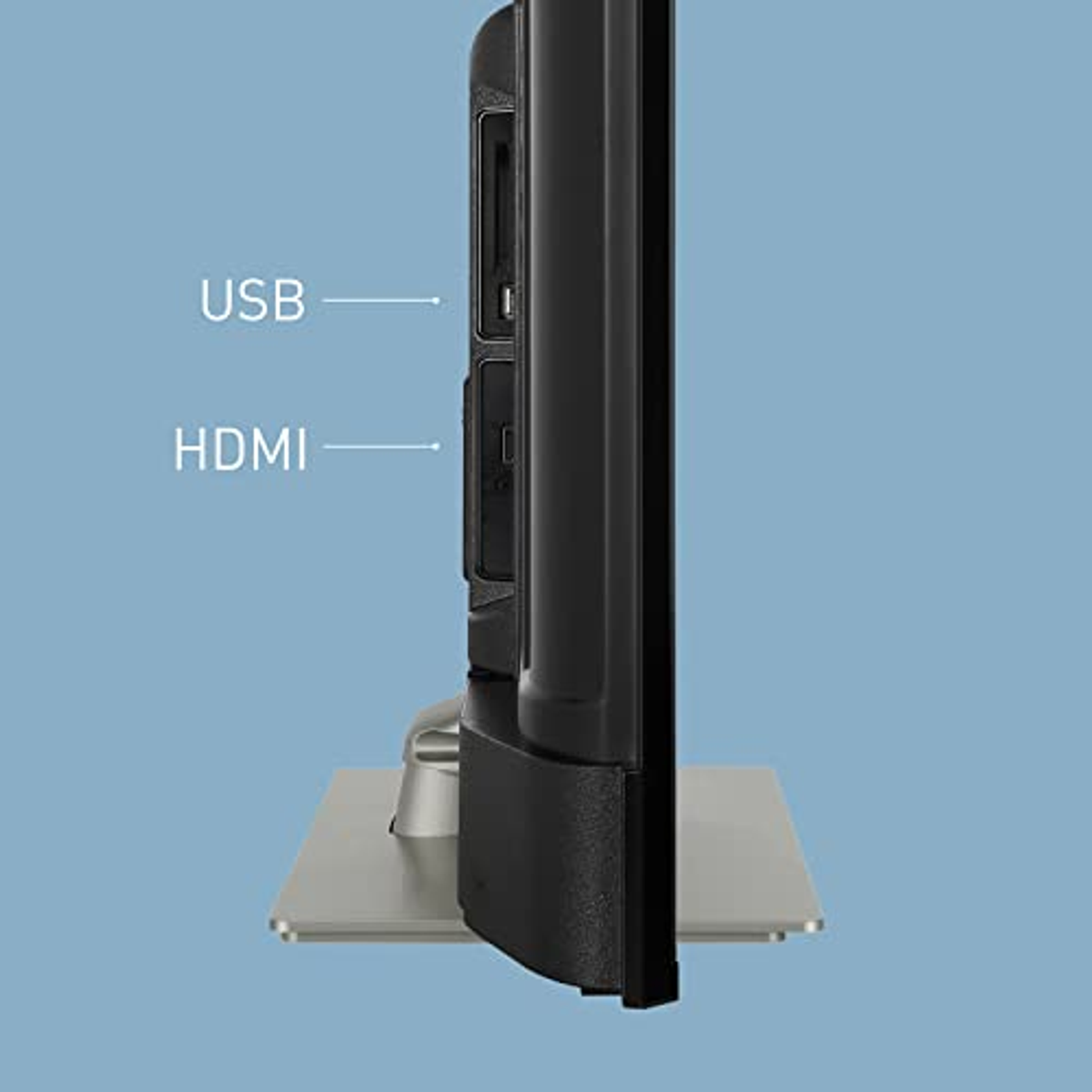 Vista laterale di una TV con porte USB e HDMI.