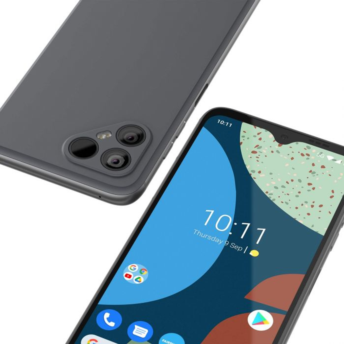 Ein Smartphone mit blauem Bildschirm zeigt die Uhrzeit und Symbole. Die Rückseite ist grau mit Kameralinsen.
