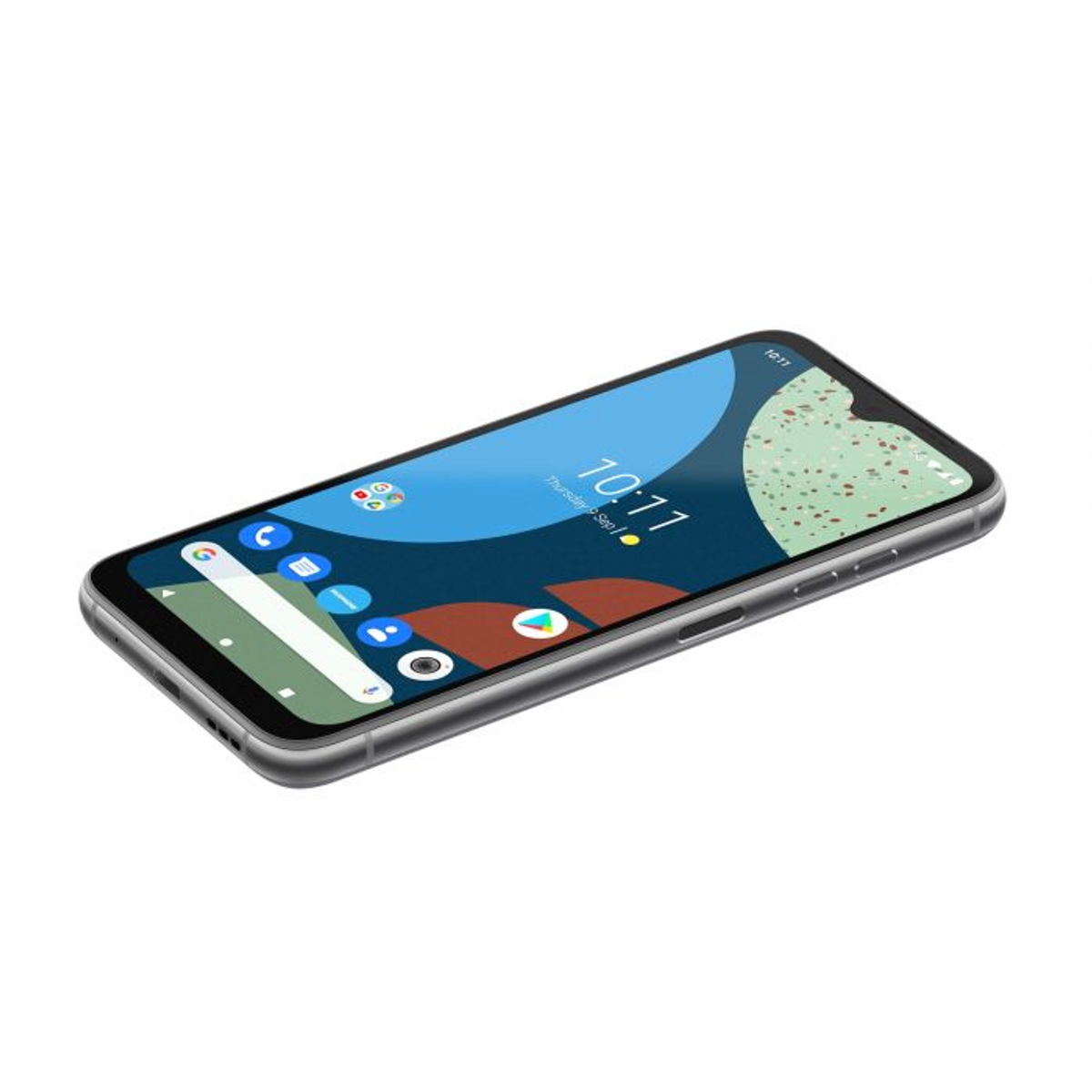 Ein silbernes Smartphone, das einen App-Bildschirm mit blauen und grünen Elementen zeigt, vor weißem Hintergrund.