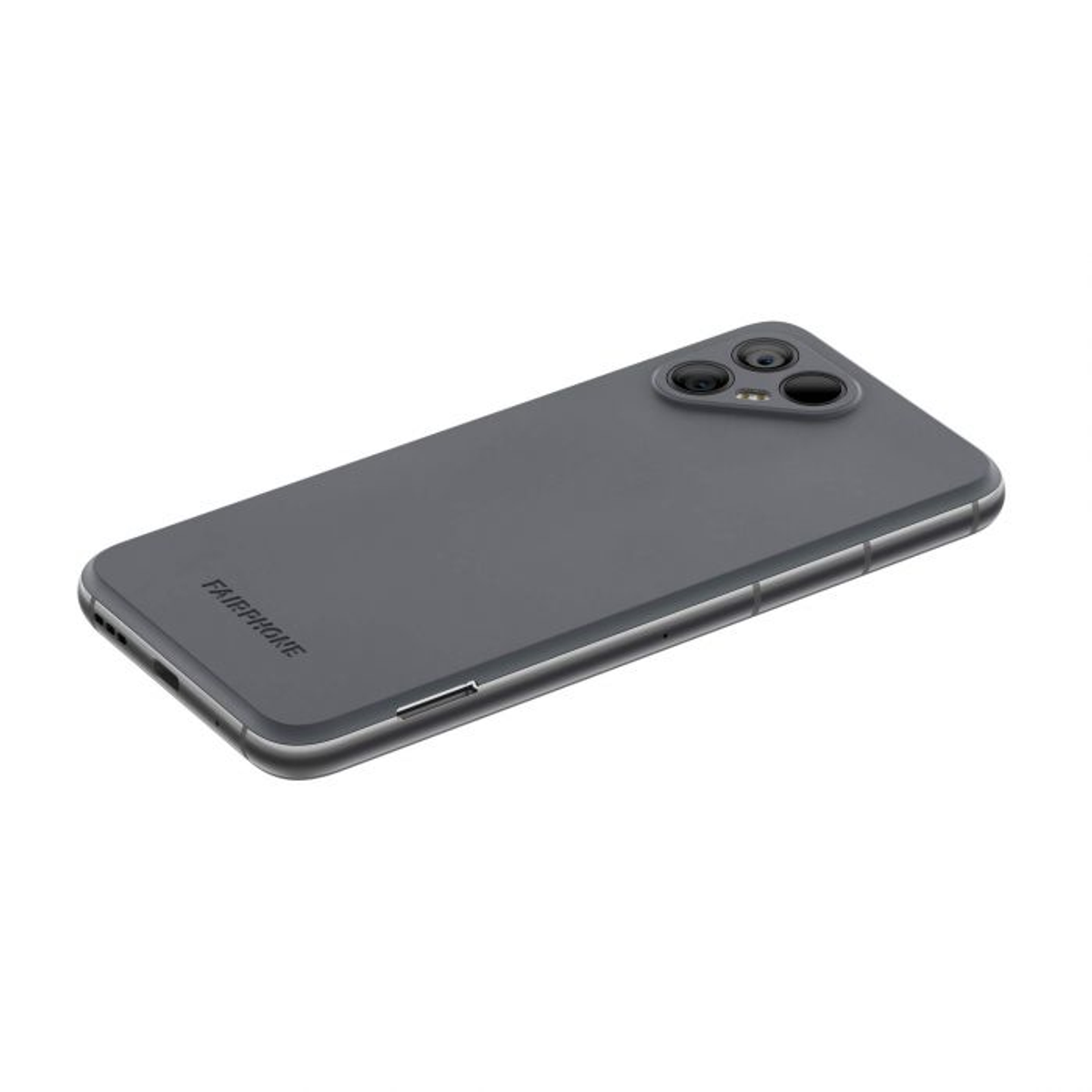 Eine graue Fairphone-Hülle, auf weißem Hintergrund. Es hat ein glattes, einfaches Design.
