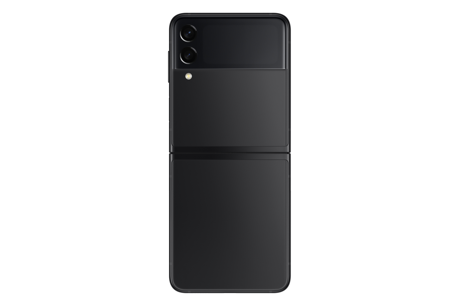 Ein schwarzes, gefaltetes Smartphone mit zwei Kameras, einem kleinen Bildschirm und einem Scharnier. Weißer Hintergrund.