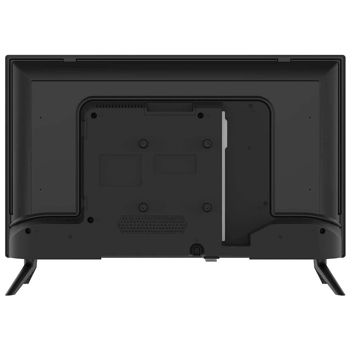 Parte trasera de un televisor negro. Tiene puertos, ranuras de ventilación y un soporte.