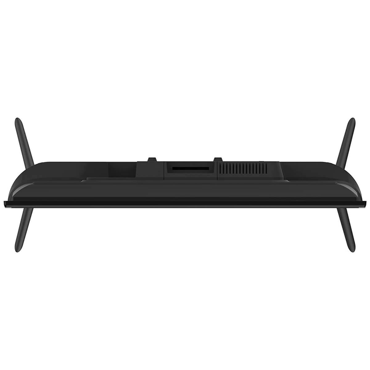 Vista superior de un televisor negro con dos patas a cada lado.