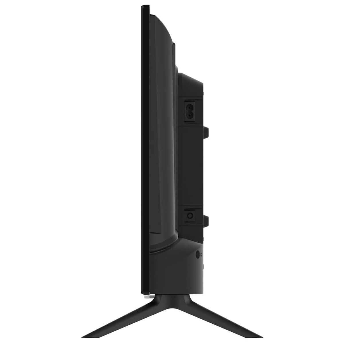 TV negro, vista lateral, sobre soporte negro. Fondo blanco.