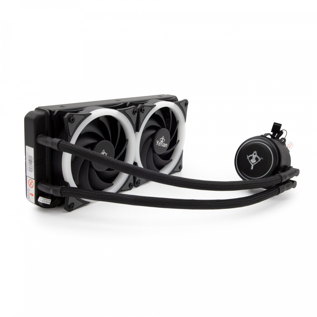 Enfriador líquido YeTian, dos ventiladores con anillos blancos, tubos negros y una bomba.