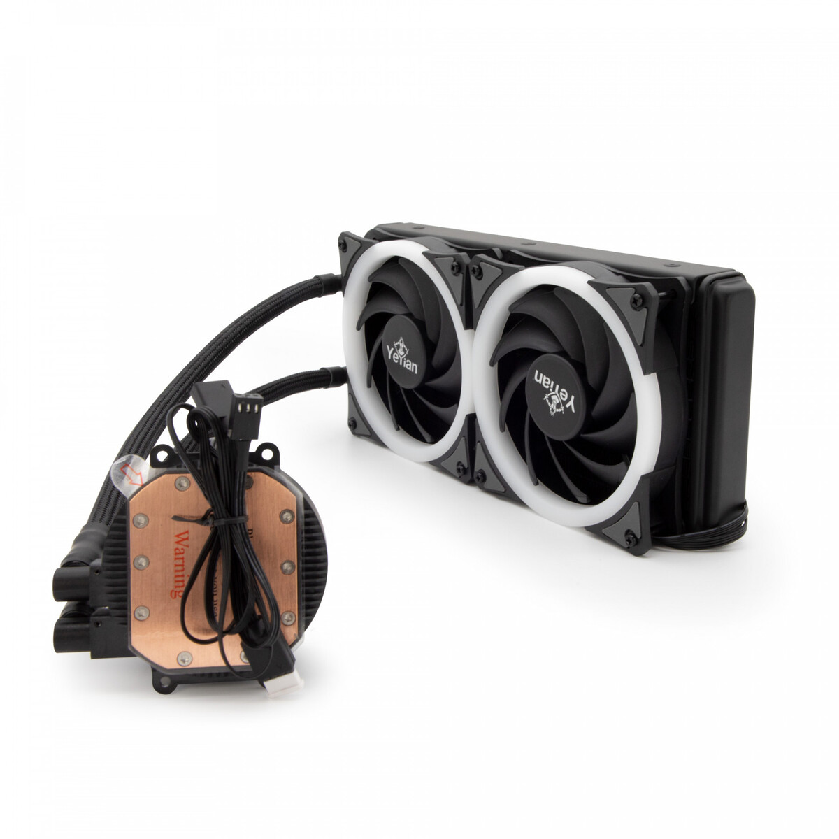 Un sistema de refrigeración líquida para computadora con dos ventiladores y un bloque de cobre.