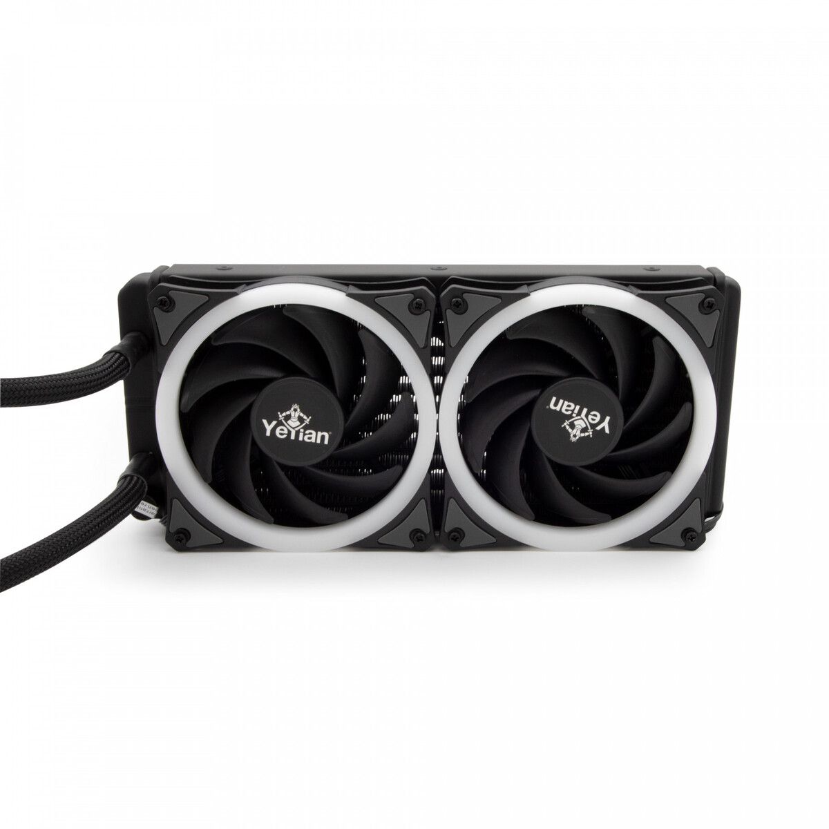 Ventilador de computadora negro con dos ventiladores y anillos LED blancos, sobre fondo blanco.