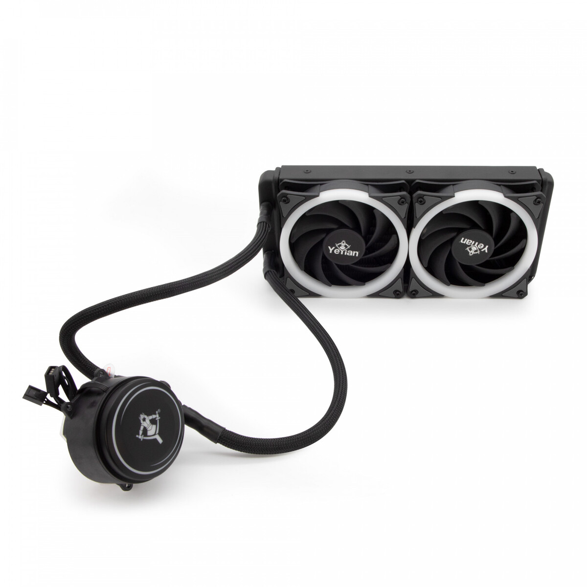 Un sistema de refrigeración líquida para una computadora. Cuenta con una bomba, dos ventiladores con anillos blancos y tubos negros.