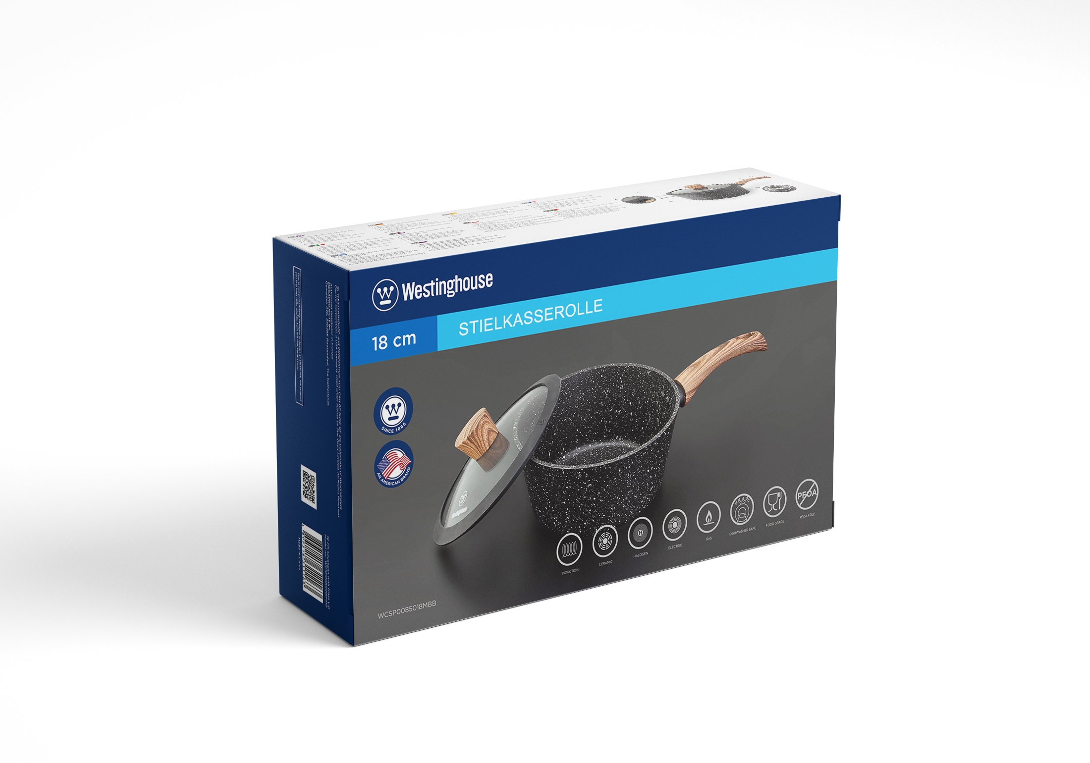 Eine Box mit einem Topf mit Deckel. Der Topf hat ein schwarzes, gesprenkeltes Design.