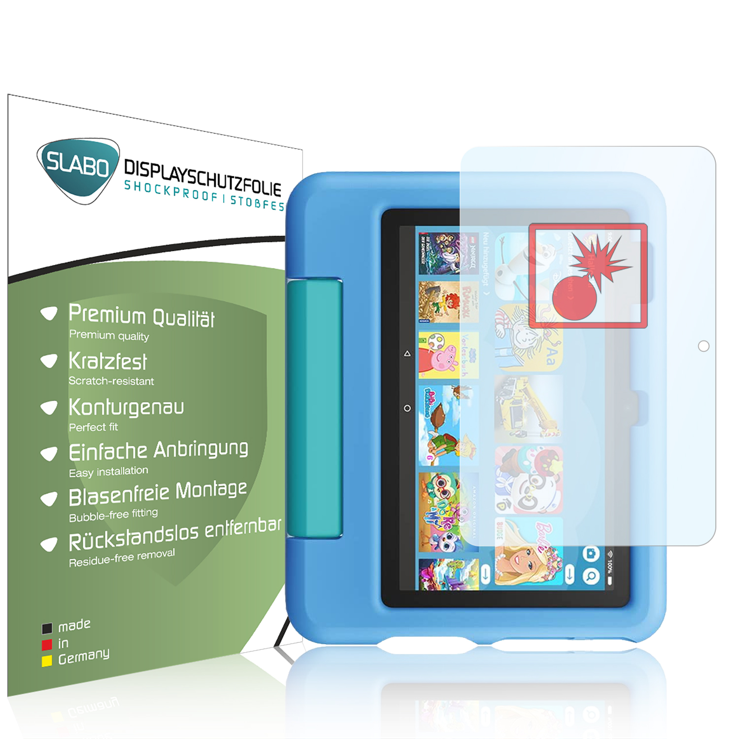 Blaues Tablet mit Displayschutz und Schutzhülle auf weißem Hintergrund.
