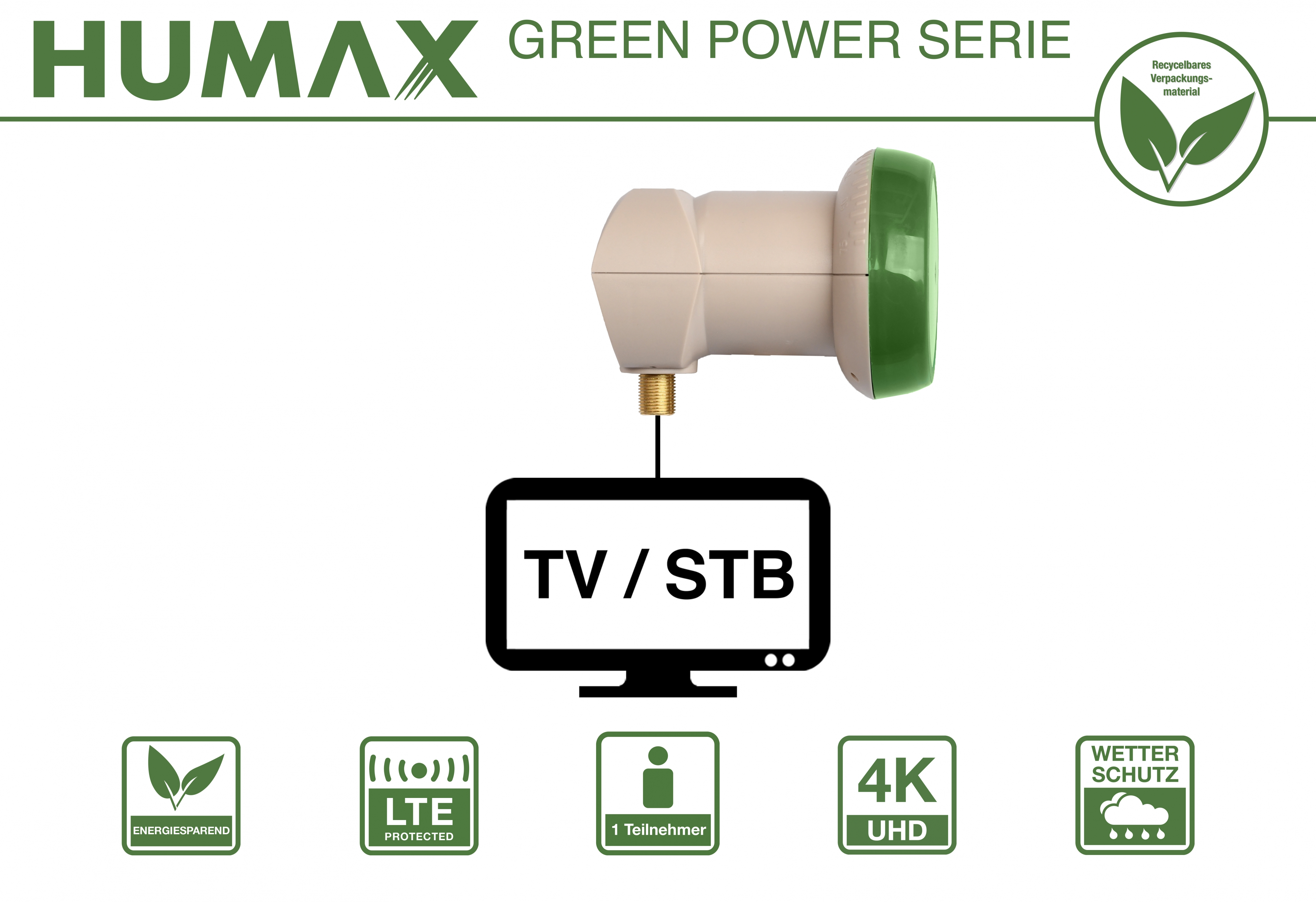 Satellitenreceiver mit HUMAX-Logo und grünen Elementen. Enthält Funktionssymbole.