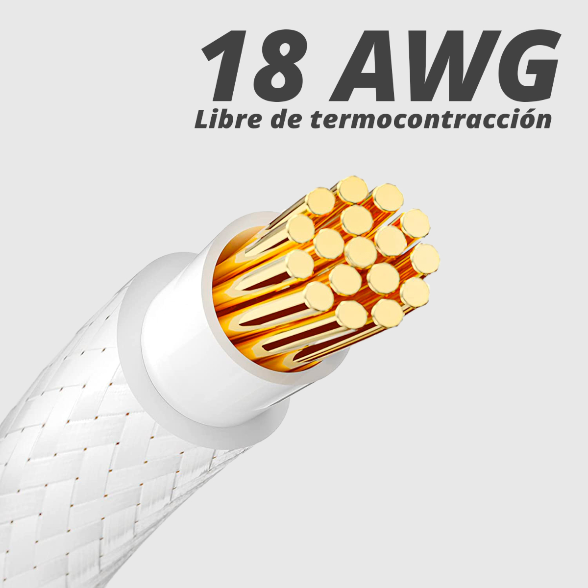 Primer plano de un cable con hilos de oro. Está etiquetado como '18 AWG' y 'Libre de termocontracción'.
