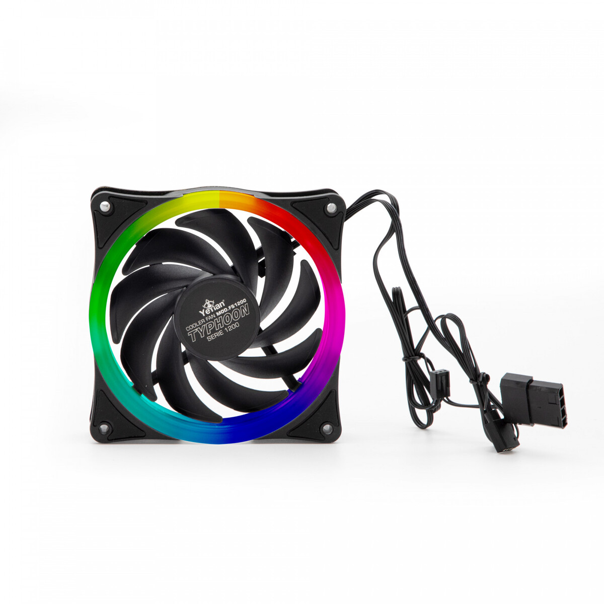 Un ventilador de computadora con marco negro, aspas negras y un anillo LED multicolor.