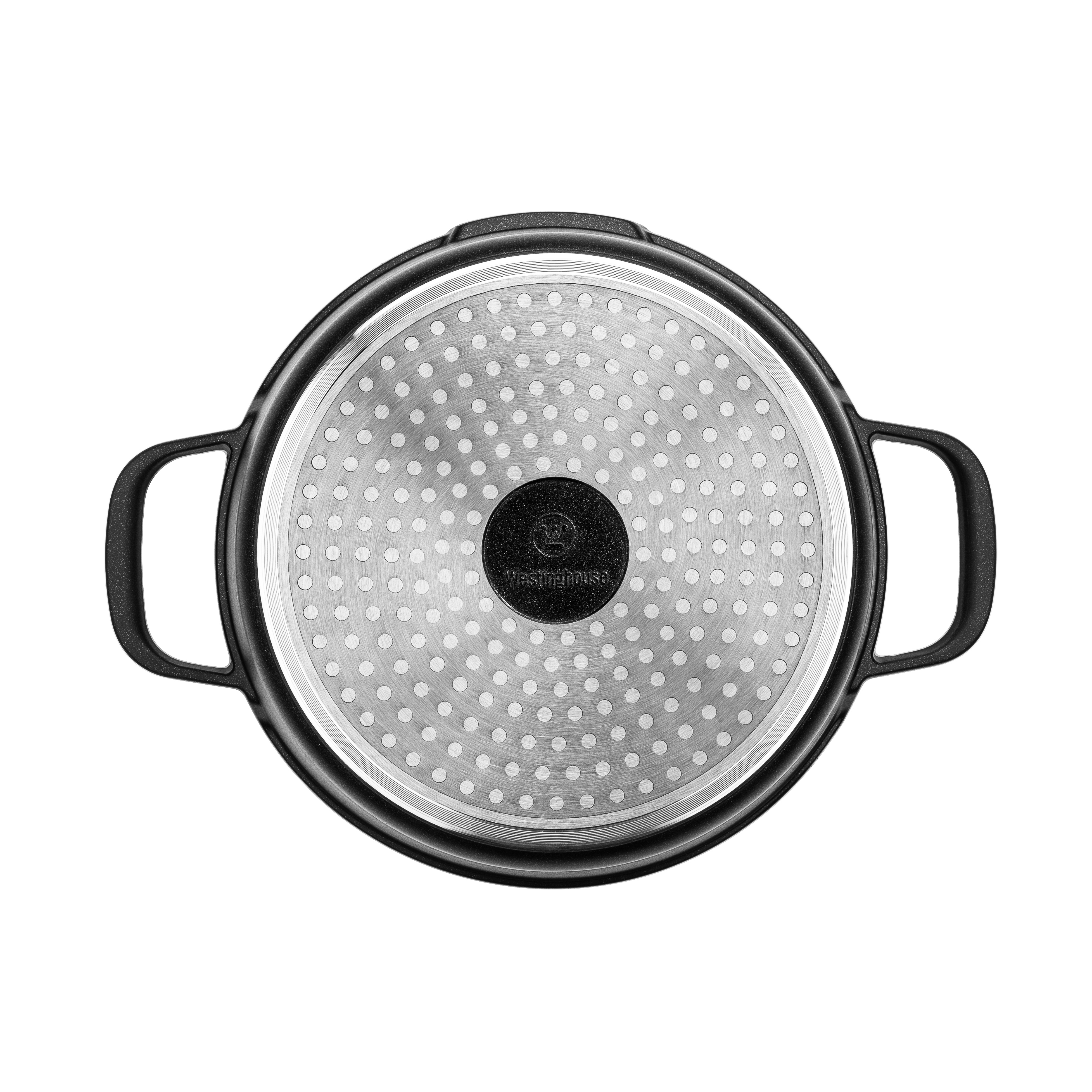 Unteransicht eines schwarzen Topfes mit Griffen, die Metallbasis zeigend.