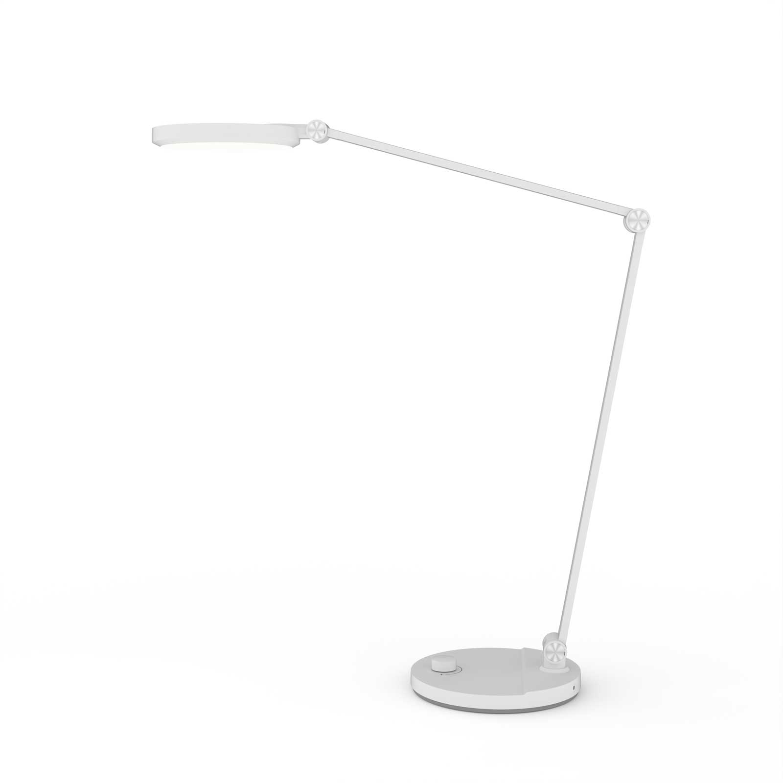 Weiße Schreibtischlampe mit verstellbarem Arm und rundem Fuß auf weißem Hintergrund.