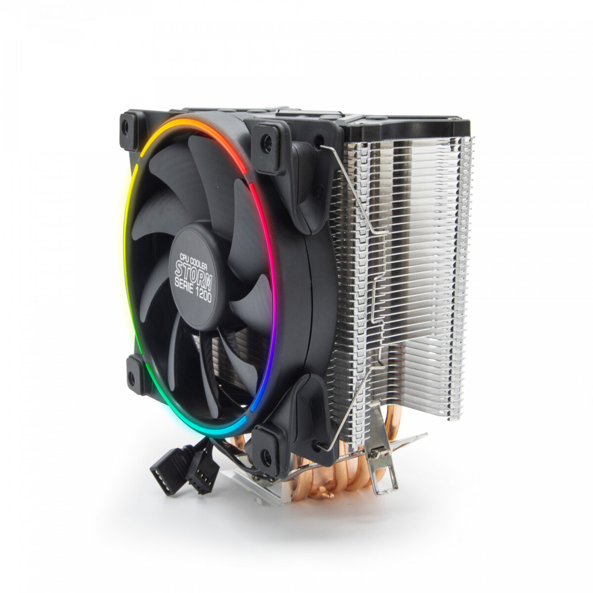 Un enfriador de CPU de computadora con un ventilador y un disipador de calor. El ventilador tiene luces LED.