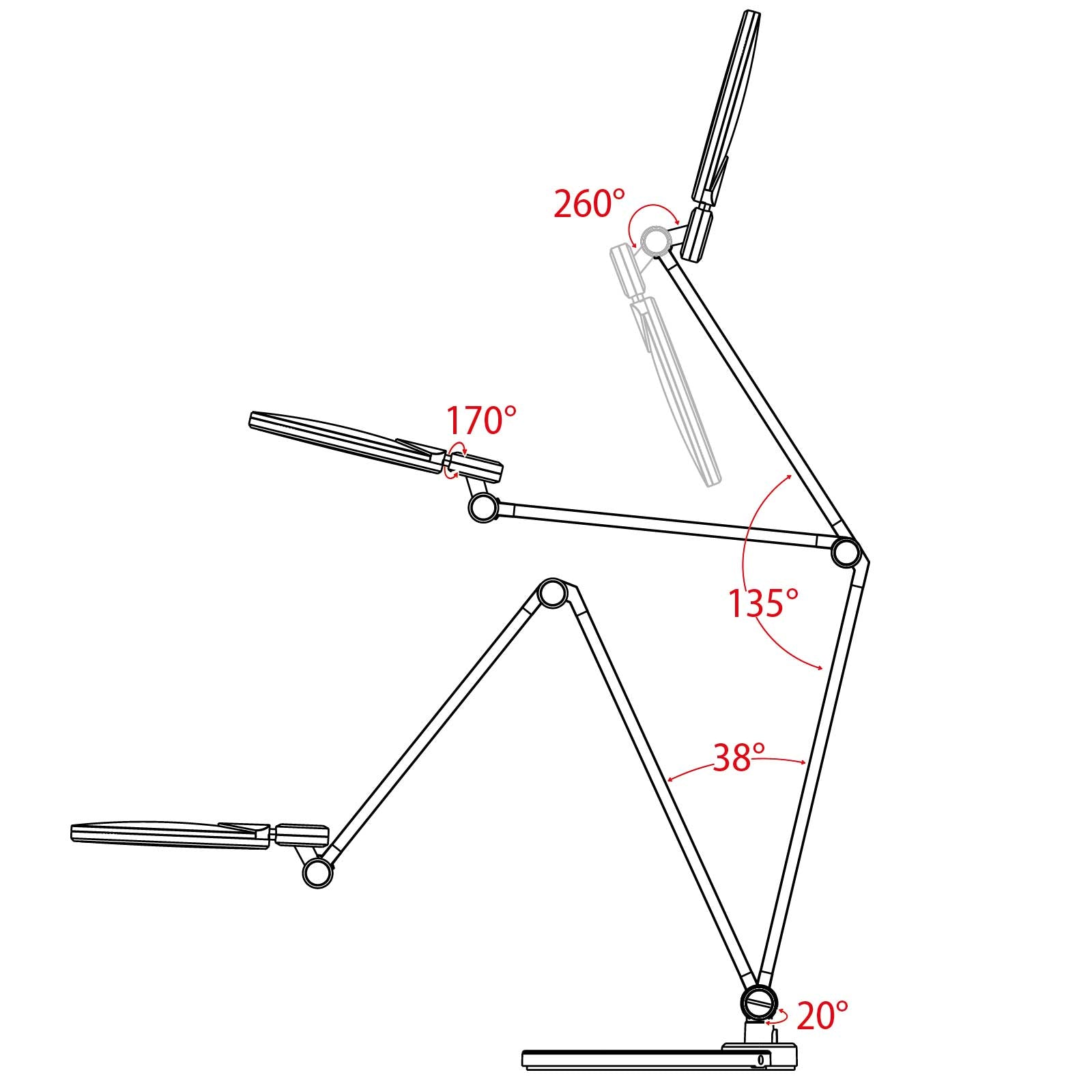 Diagramm einer Lampe mit einstellbaren Winkeln und Gradangaben. Weißer Hintergrund.