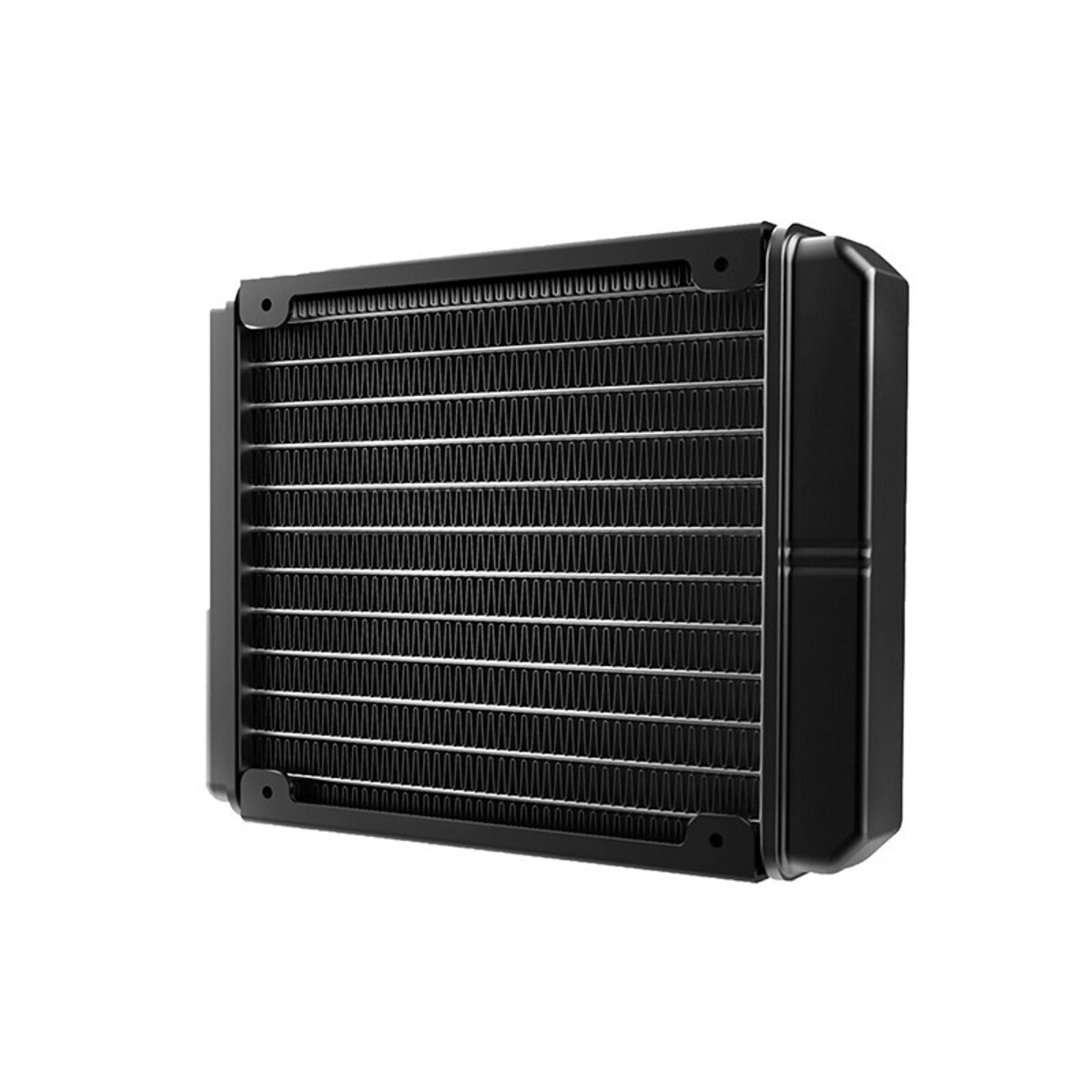 Schwarzes Computer-Kühlsystem. Es hat horizontale Lamellen. Der Hintergrund ist weiß.