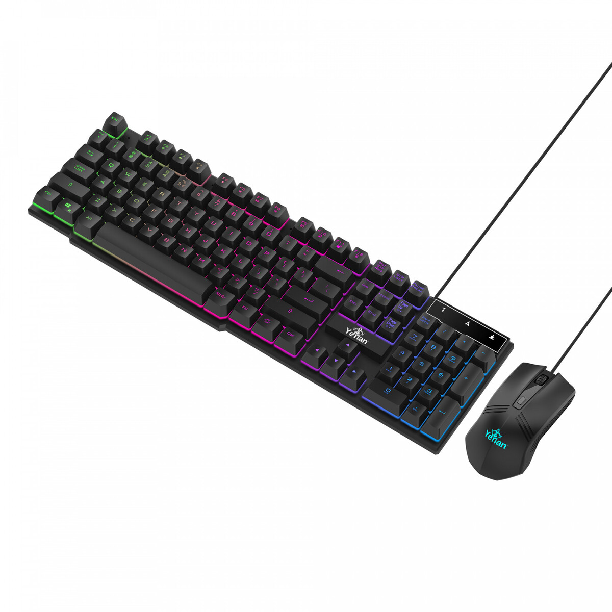 Teclado y ratón negros con luces de colores sobre fondo blanco.