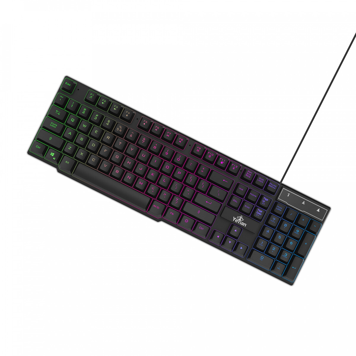 Un teclado negro con teclas de colores y un logotipo de Yerian sobre una superficie blanca.