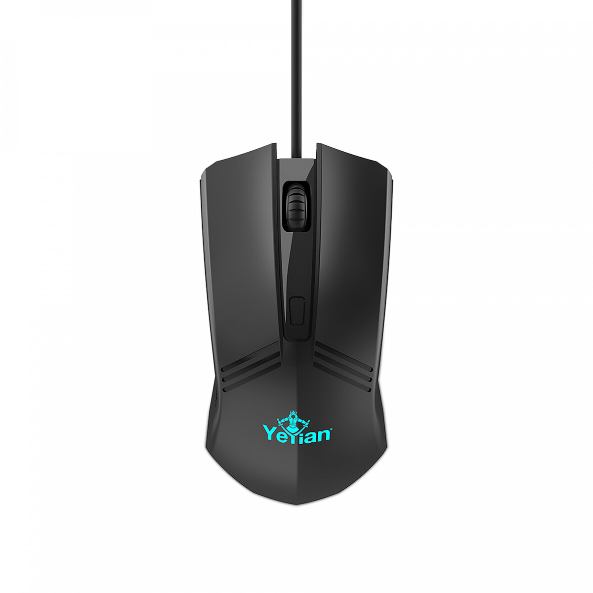 Ratón de ordenador negro con el logotipo. Con cable, con rueda de desplazamiento y botones.