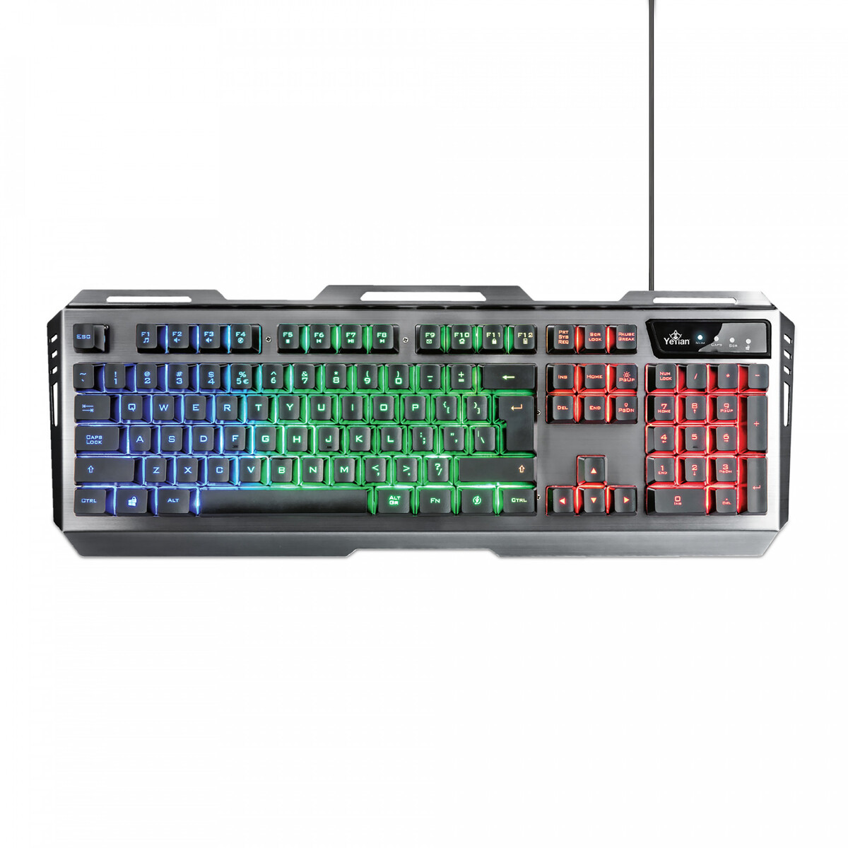 Un teclado plateado con teclas multicolores. Un cable negro está conectado.