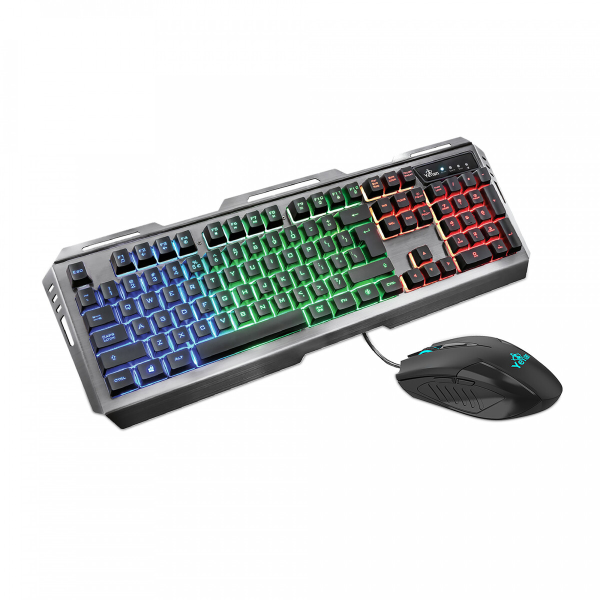 Un combo de teclado y ratón gaming plateado y negro con teclas iluminadas de colores.