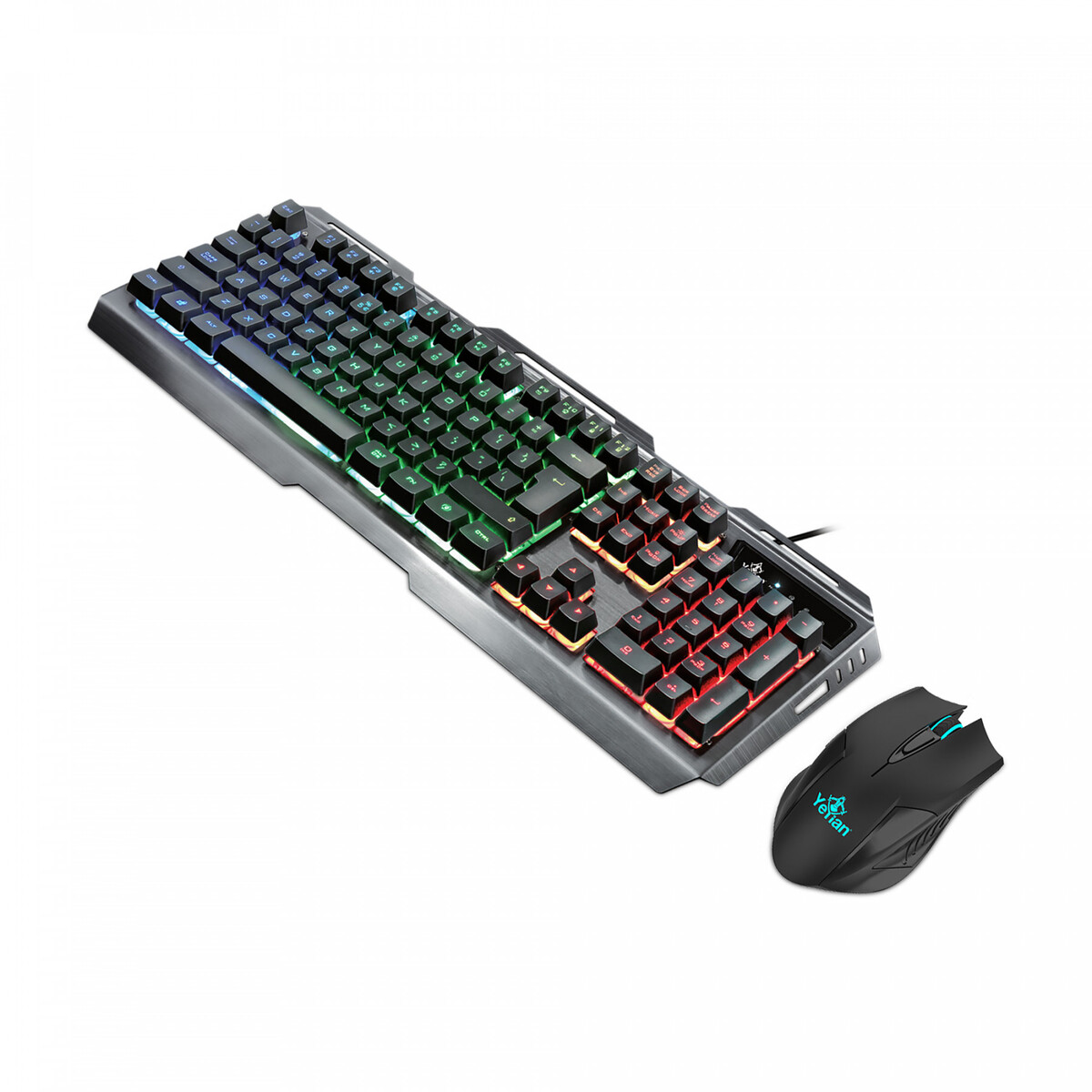Combo de teclado y ratón gaming. El teclado tiene teclas retroiluminadas multicolores. El ratón es negro con detalles azules.