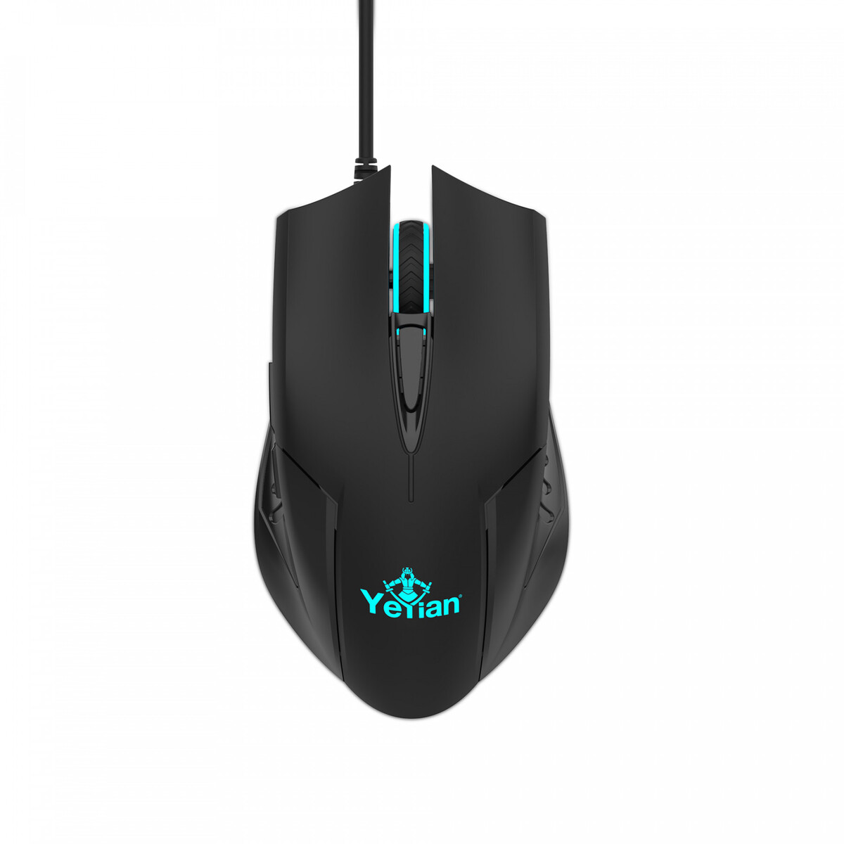 Ratón de ordenador negro con iluminación azul, logo Yeyian.