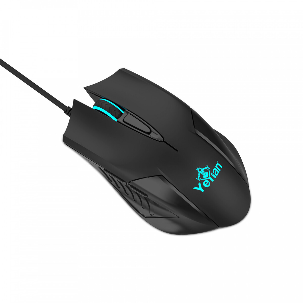 Ratón gaming negro con luz LED azul y un cable.